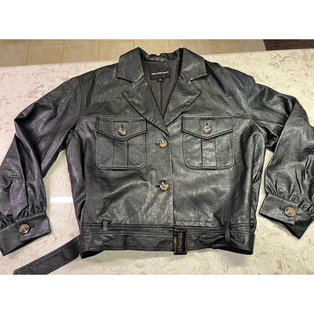 Who What Wear Black Faux Leather Jacket Coat Belted Waist Sz L Front Pockets